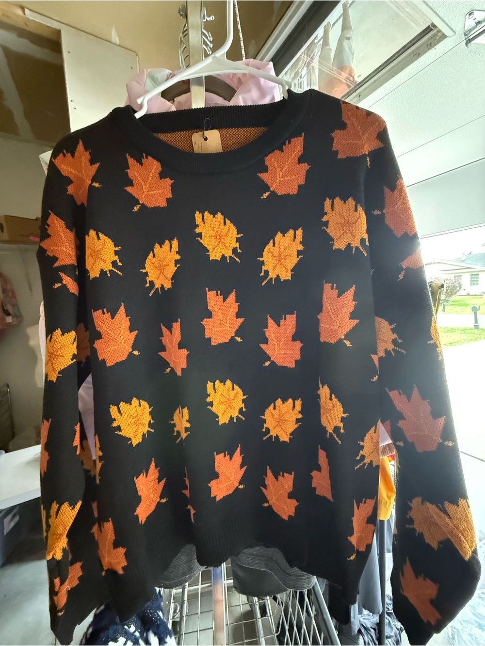 Unk Black Sweater with Orange and Yellow Leaf Motif